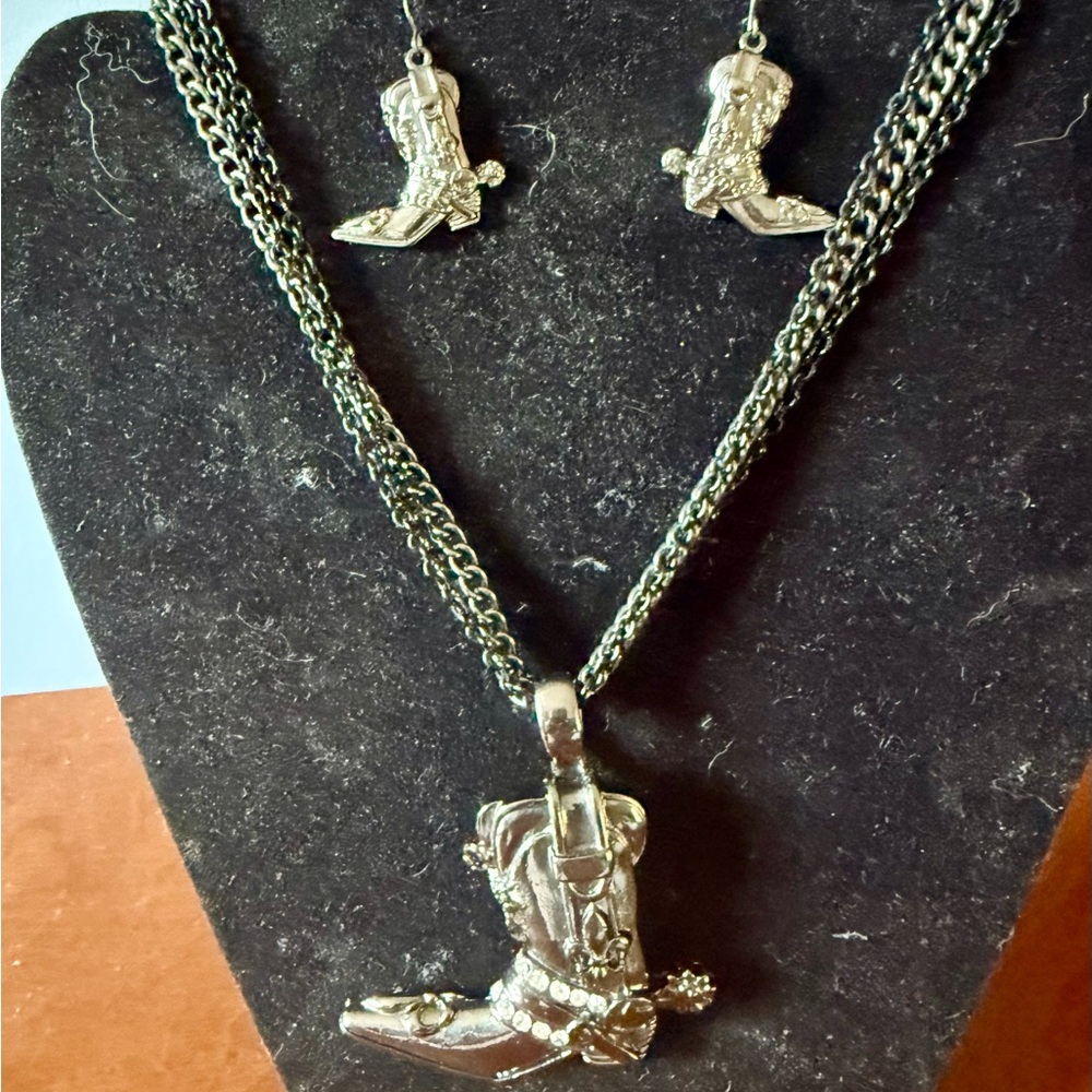 Silver Boot Pendant Necklace and Earring Set